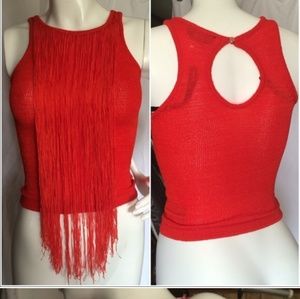 bebe Fringed Sleeveless Tank with Key Hole Back